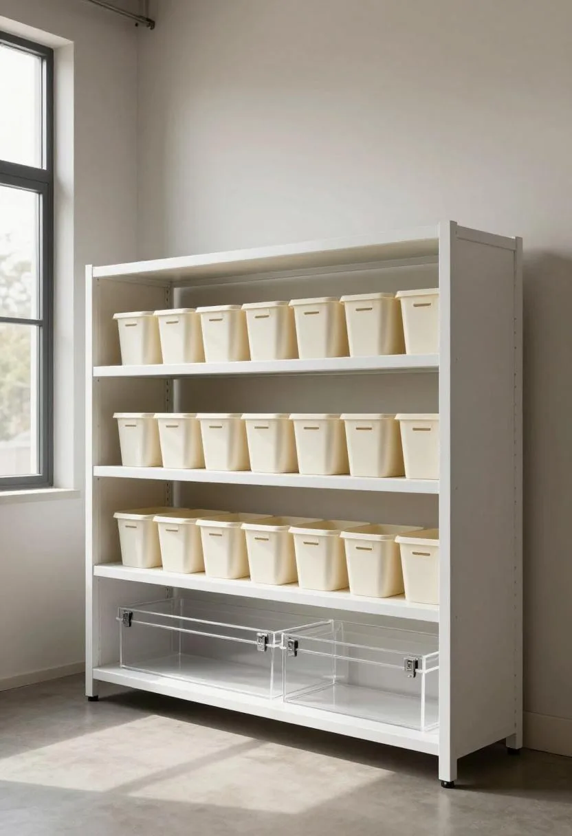 Floor-to-ceiling white steel shelving unit with uniform cream bins and a clear toolbox below
