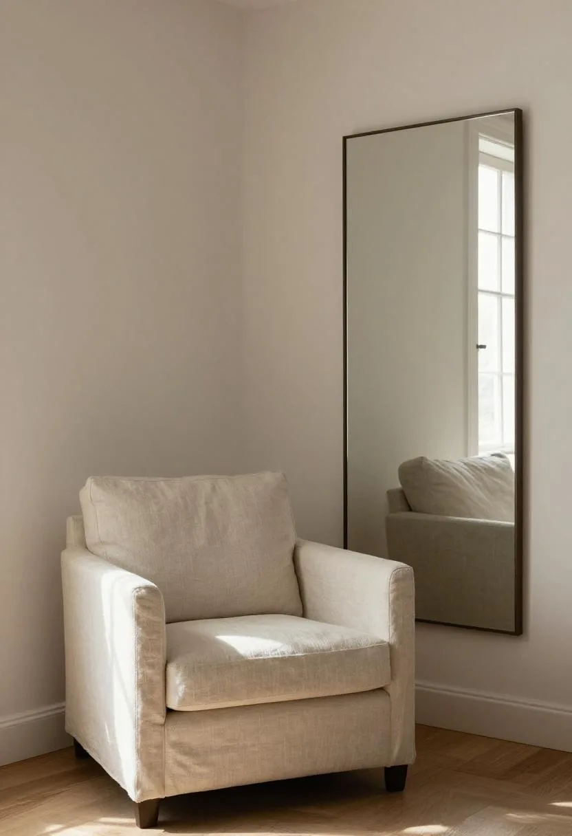Floor-to-ceiling frameless mirror leaning in a compact living room corner visually doubling the room's depth