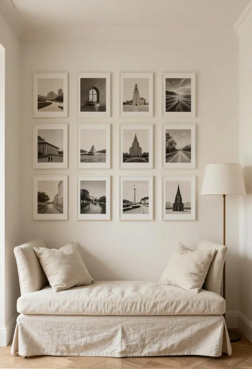 Floor-to-ceiling linen-matted gallery wall beside a wingback reading chair