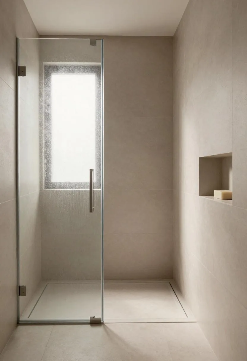 Floor-to-ceiling frameless glass shower panel in a taupe porcelain tile wet room