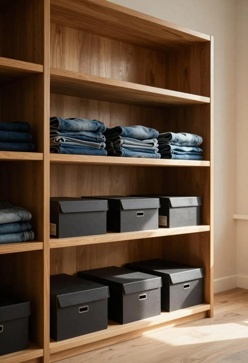 Floor-to-ceiling oak cubbies in a closet storing charcoal shoe boxes on lower shelves and folded denim above