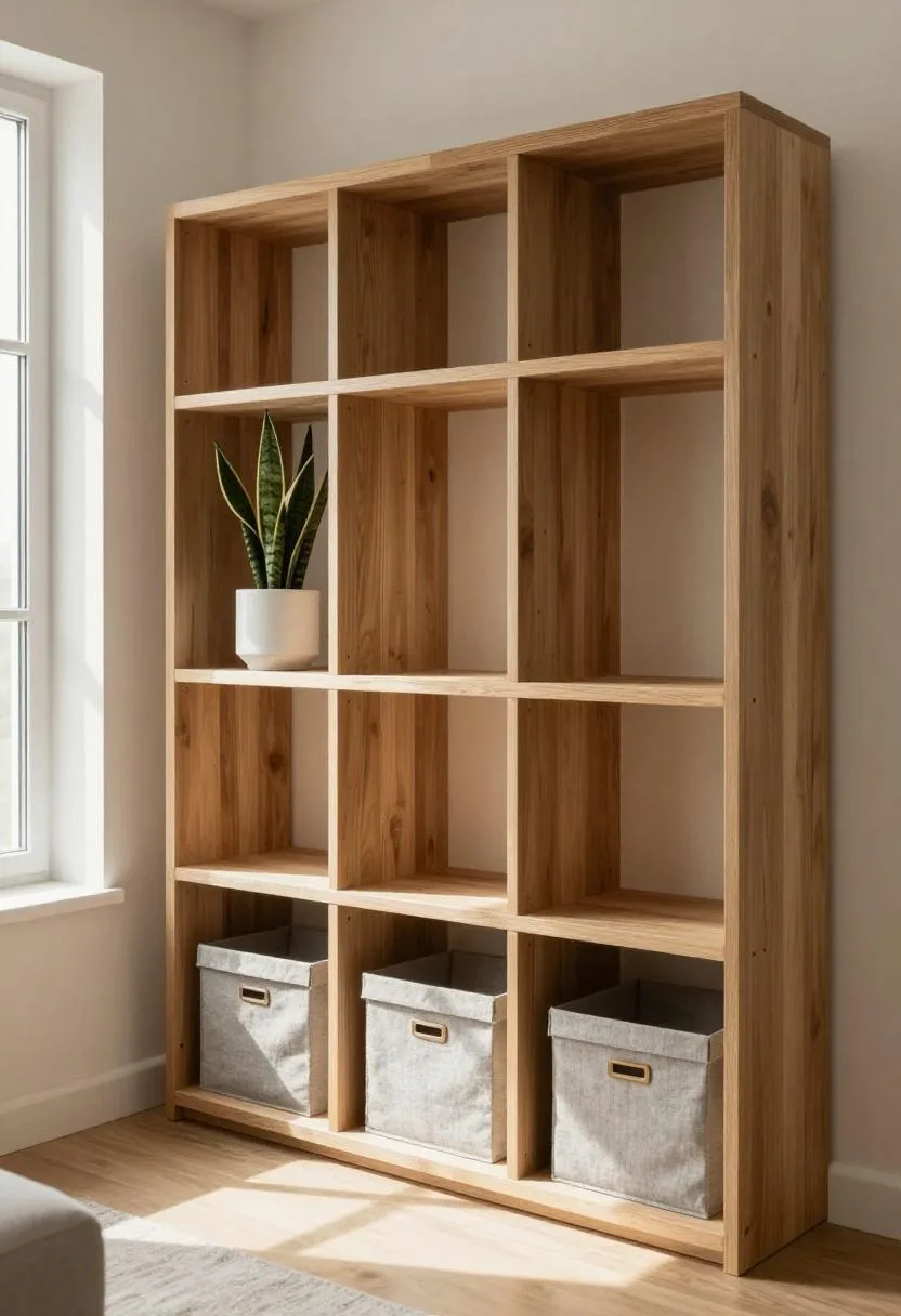 Floor-to-ceiling oak shelving wall with linen storage boxes maximizing vertical space in a small living room