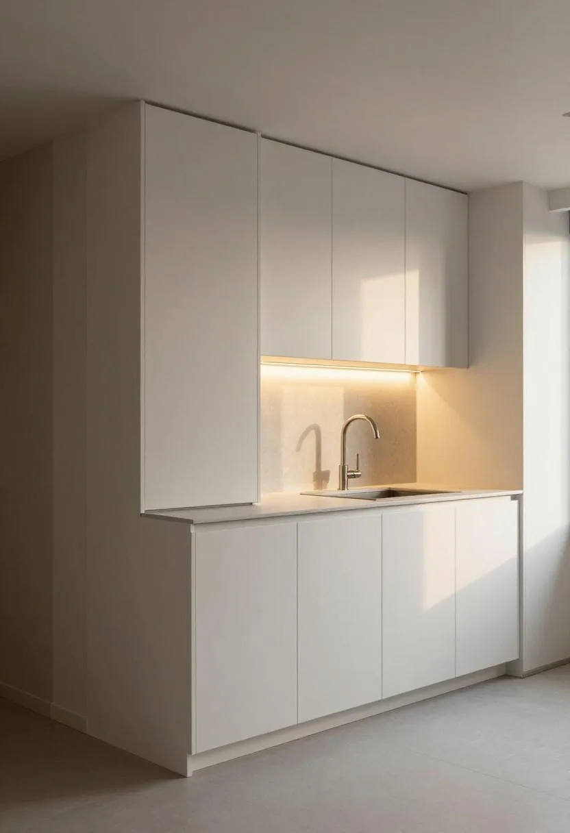 Floor-to-ceiling white oak kitchen cabinets in a compact 45sqm studio apartment making every centimeter count for storage