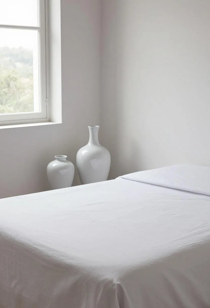 Floor-level view of white porcelain vessels beside a white cotton bed in soft overcast light