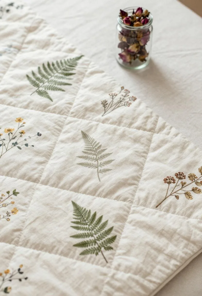 Flat lay of a floral cotton quilt with dried rosebuds scattered on a white linen bed, cottagecore styling