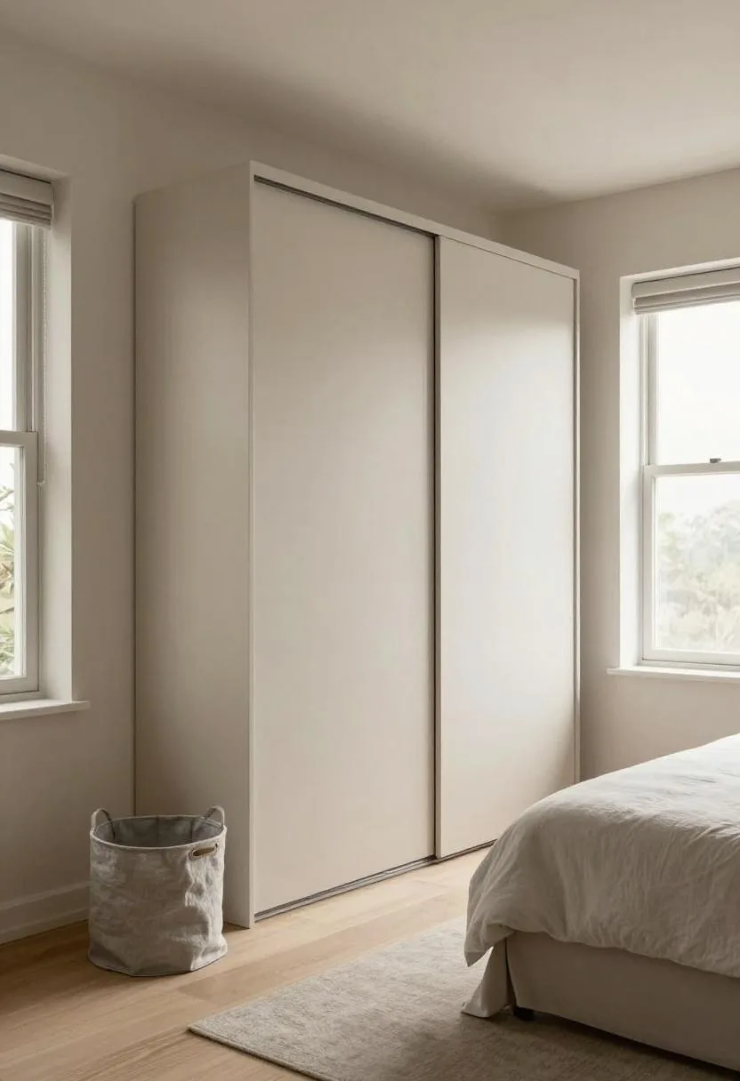 Flush-fitting ash sliding wardrobe doors keeping the bedroom walls uninterrupted and maximizing storage in a compact studio footprint