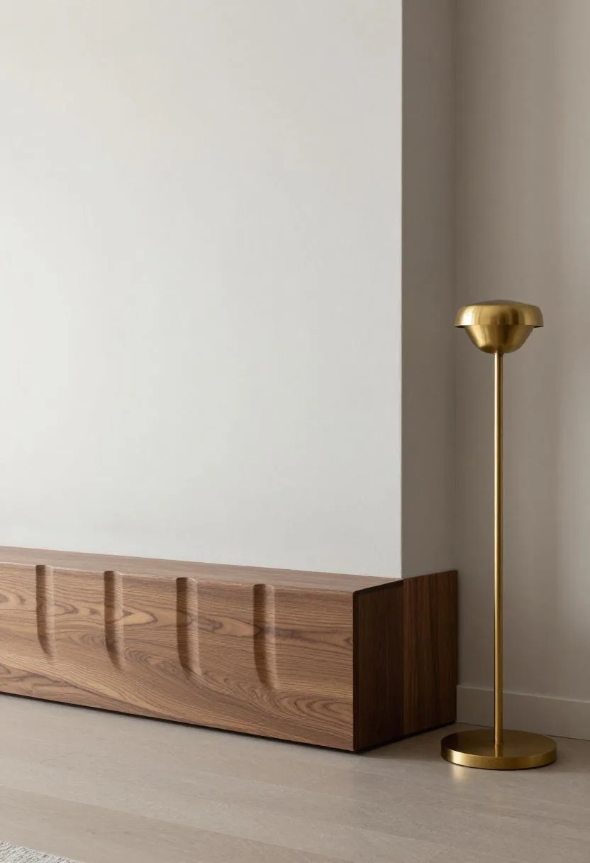 Fluted walnut baseboard with ogee profile adding Neo Deco architectural detail against a greige plaster wall