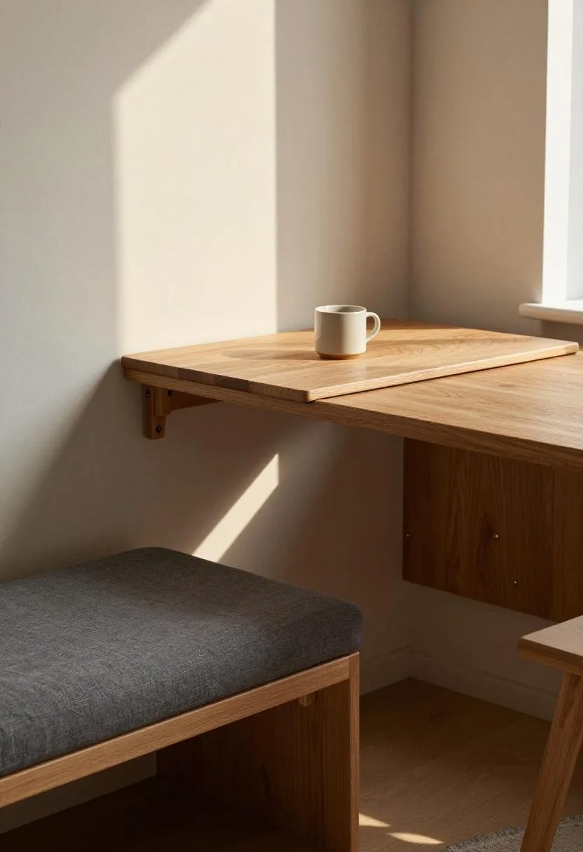 Wall-mounted fold-down oak desk with built-in bench seat doubling as a compact home office nook