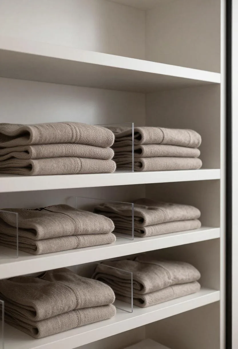Folded cashmere sweaters in taupe stacked neatly on a closet shelf with clear acrylic dividers between each stack