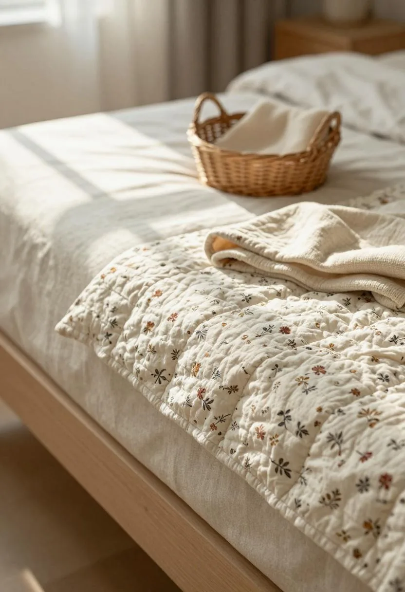 Folded floral quilt placed at the foot of a bed with a wicker basket and wool throw on the floor beside it