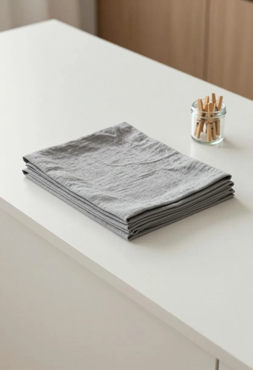 Overhead view of a folding counter with stacked linen sheets and clothespins