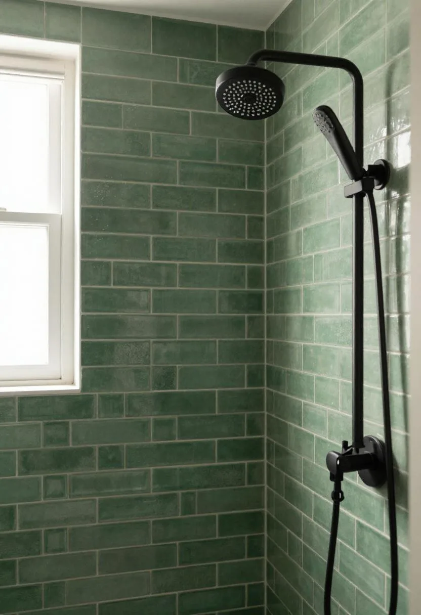 Deep forest green glazed brick-pattern ceramic tile shower wall with a sleek matte black showerhead