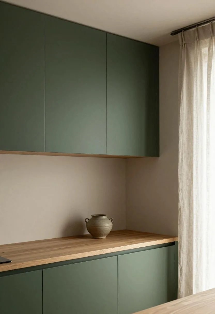 Deep forest green Japandi kitchen with oak floating shelf and linen curtain accents