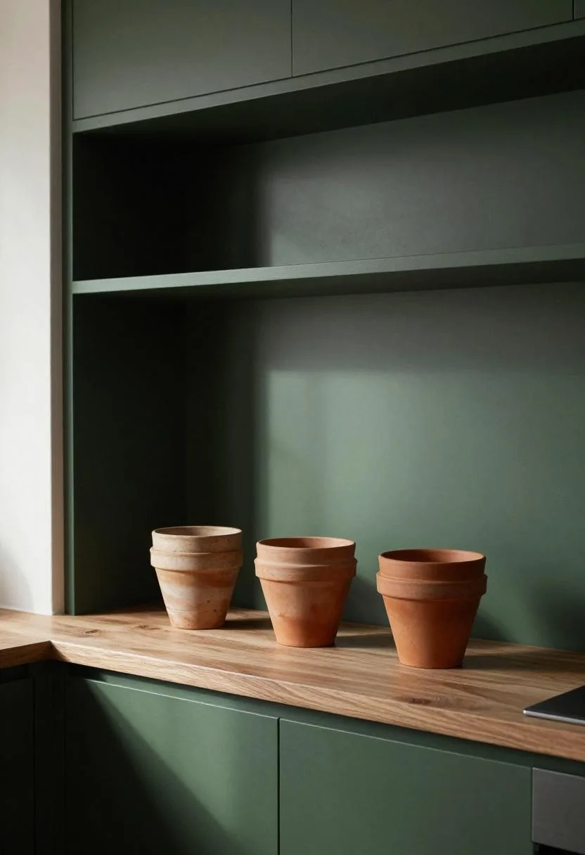 Deep forest green open kitchen shelving with a walnut plank and terracotta pots