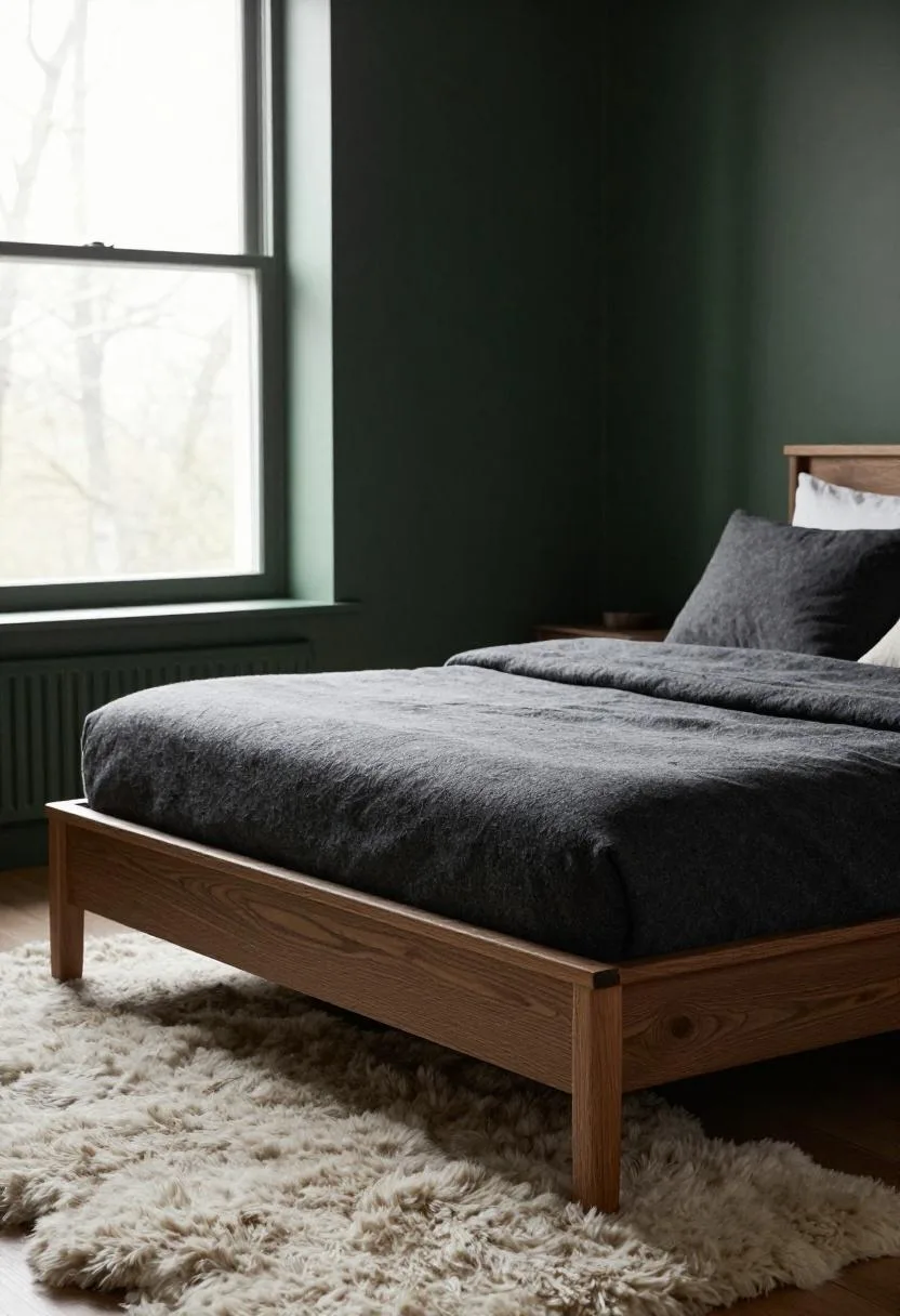 Forest-green pine bed frame with charcoal wool bedding and a sheepskin throw