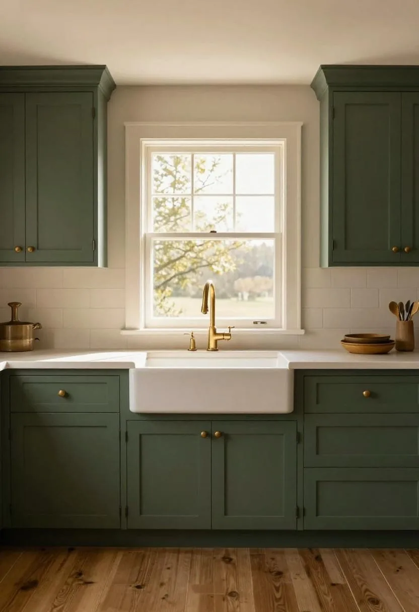 Interior design - forest green shaker cabinets brass hardware farmhouse