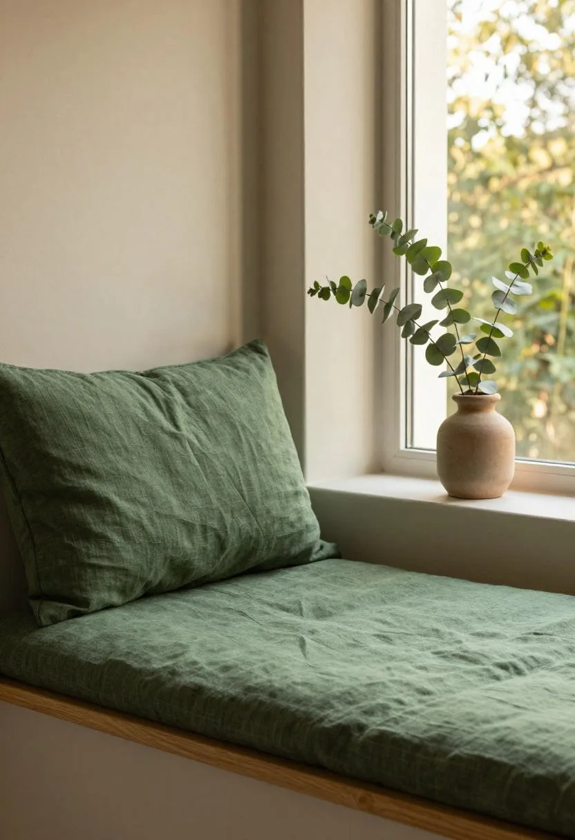 Forest green linen window seat with a potted eucalyptus branch in afternoon backlight