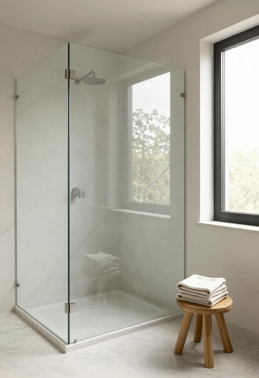 Open-plan wet room with frameless glass panel, marble hex tiles, and teak stool