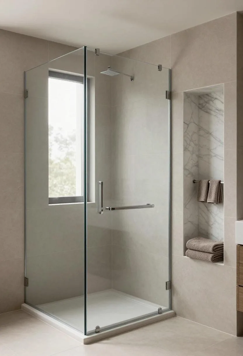 Frameless glass shower enclosure with taupe porcelain tiles and a built-in marble niche