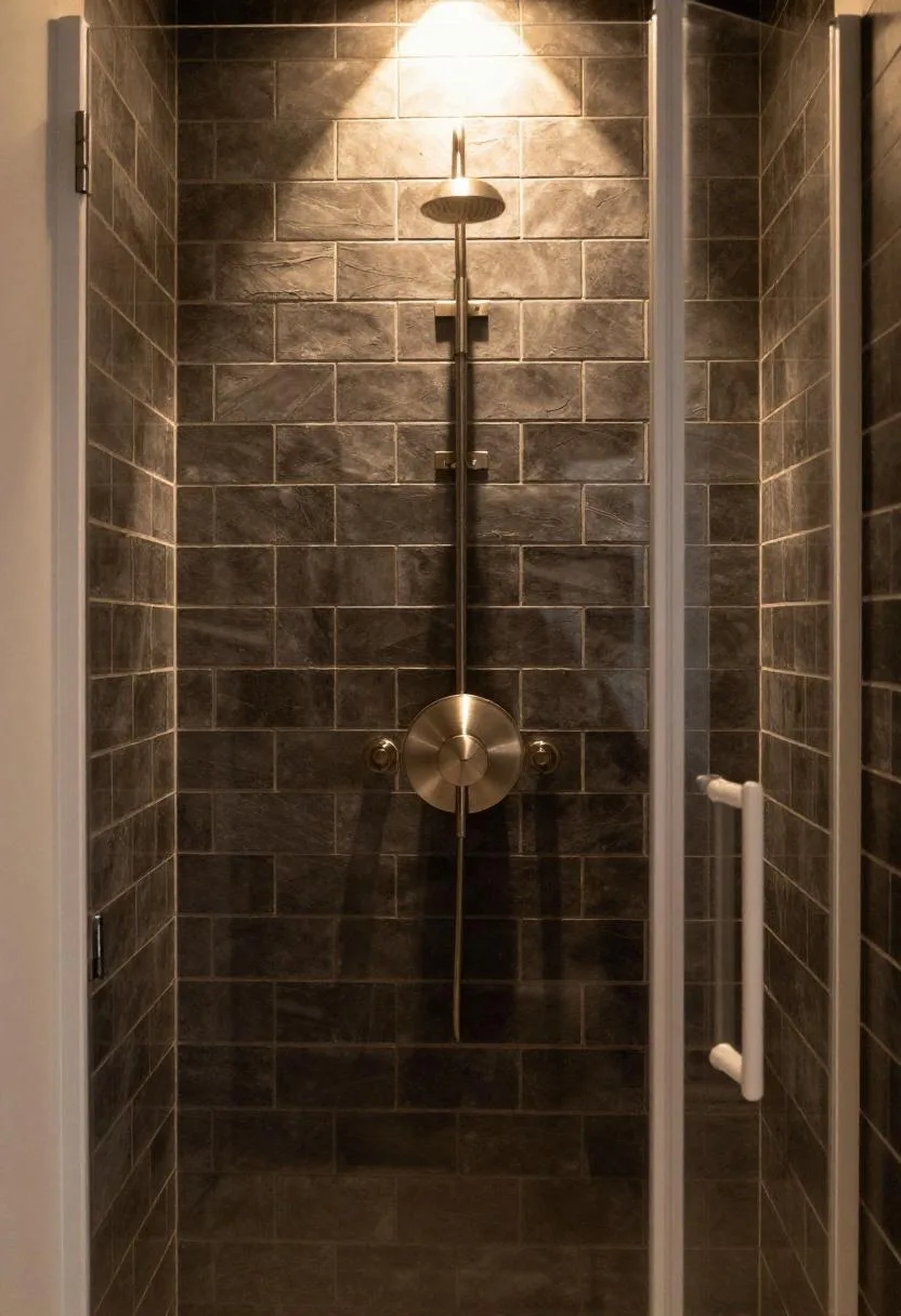 Walk-in shower with frameless glass door and warm white grout on dark subway tile