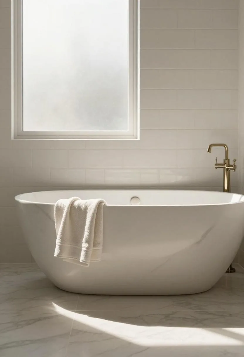 Interior design - freestanding marble bathtub linen towel morning light