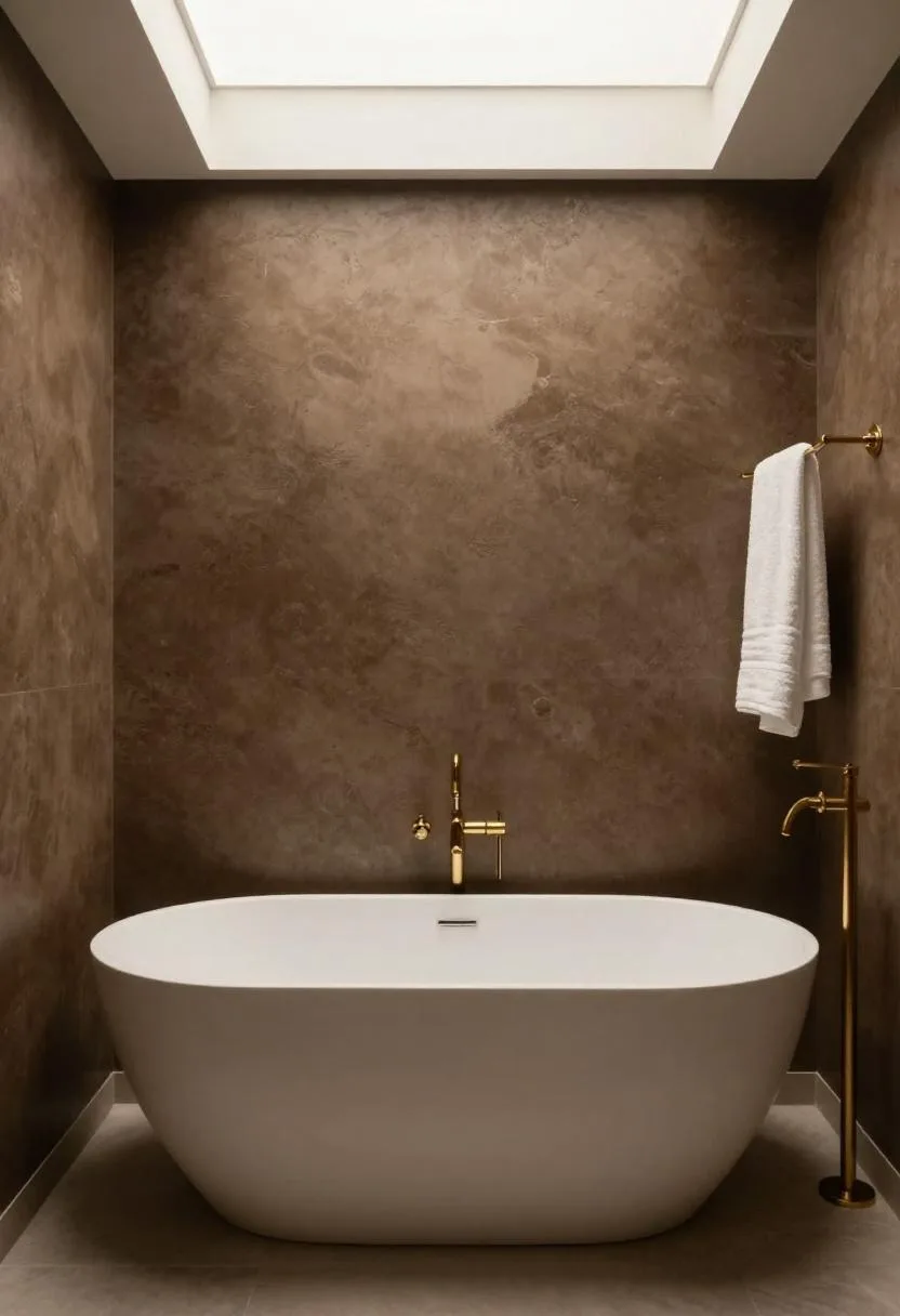 Freestanding oval tub against deep mocha Venetian plaster walls with brass towel ring under skylight