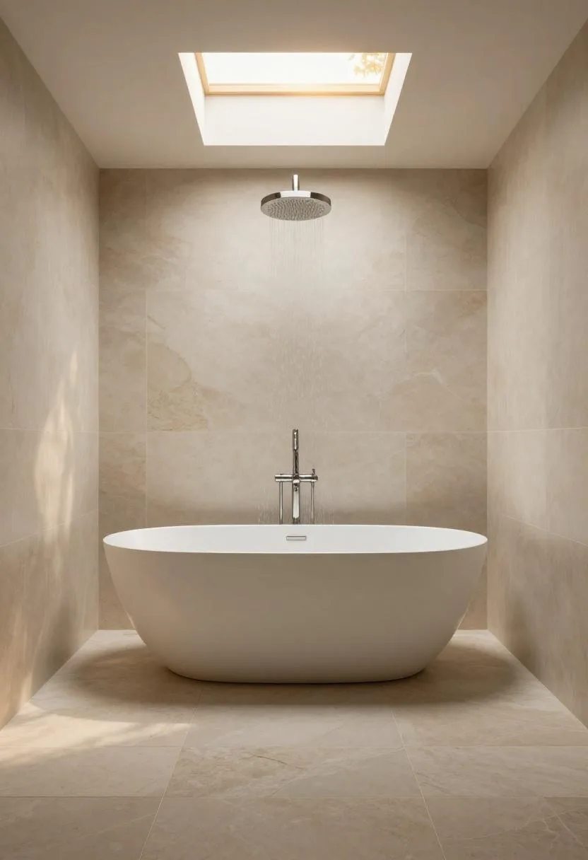 Freestanding ceramic tub beneath a ceiling rain showerhead in a limestone wet room