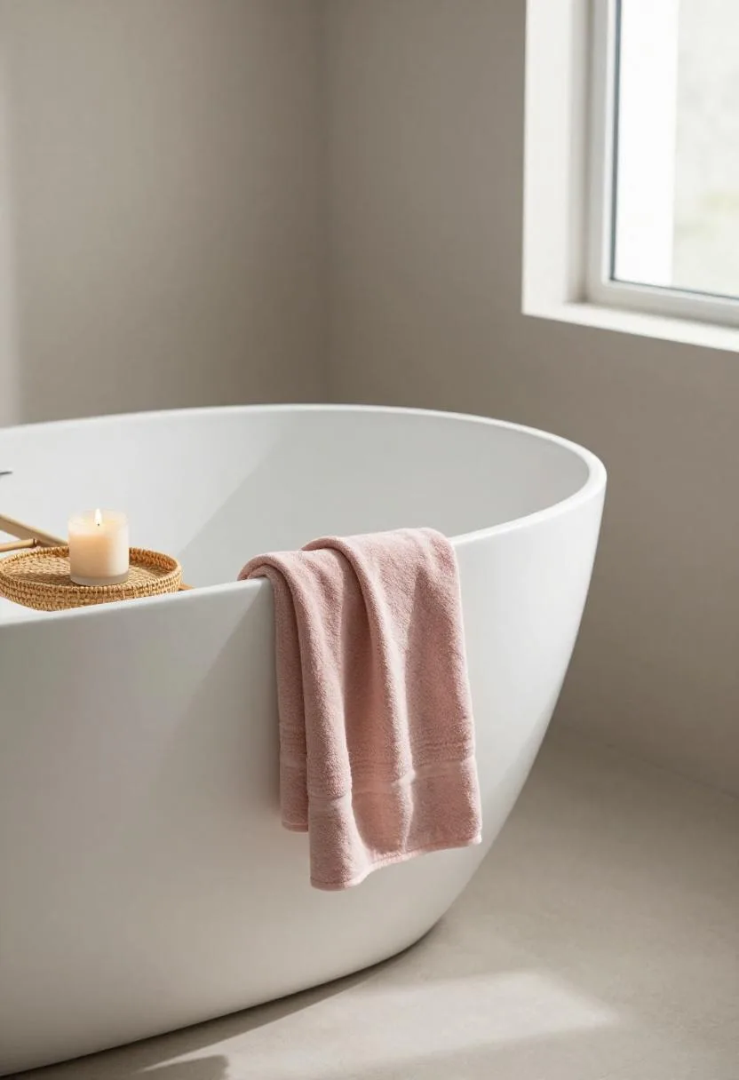 Freestanding acrylic tub with a dusty rose linen towel and a beeswax candle on a rattan tray in a bohemian bathroom