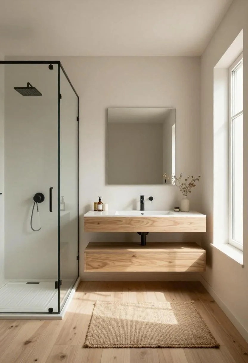 Full Japandi bathroom composition with frameless glass shower enclosure, ash wood floating vanity, and a natural jute bath mat