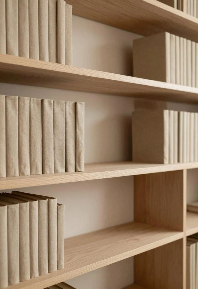 Full-wall built-in birch bookshelf with a maximalist-minimal rhythm of books and open shelving