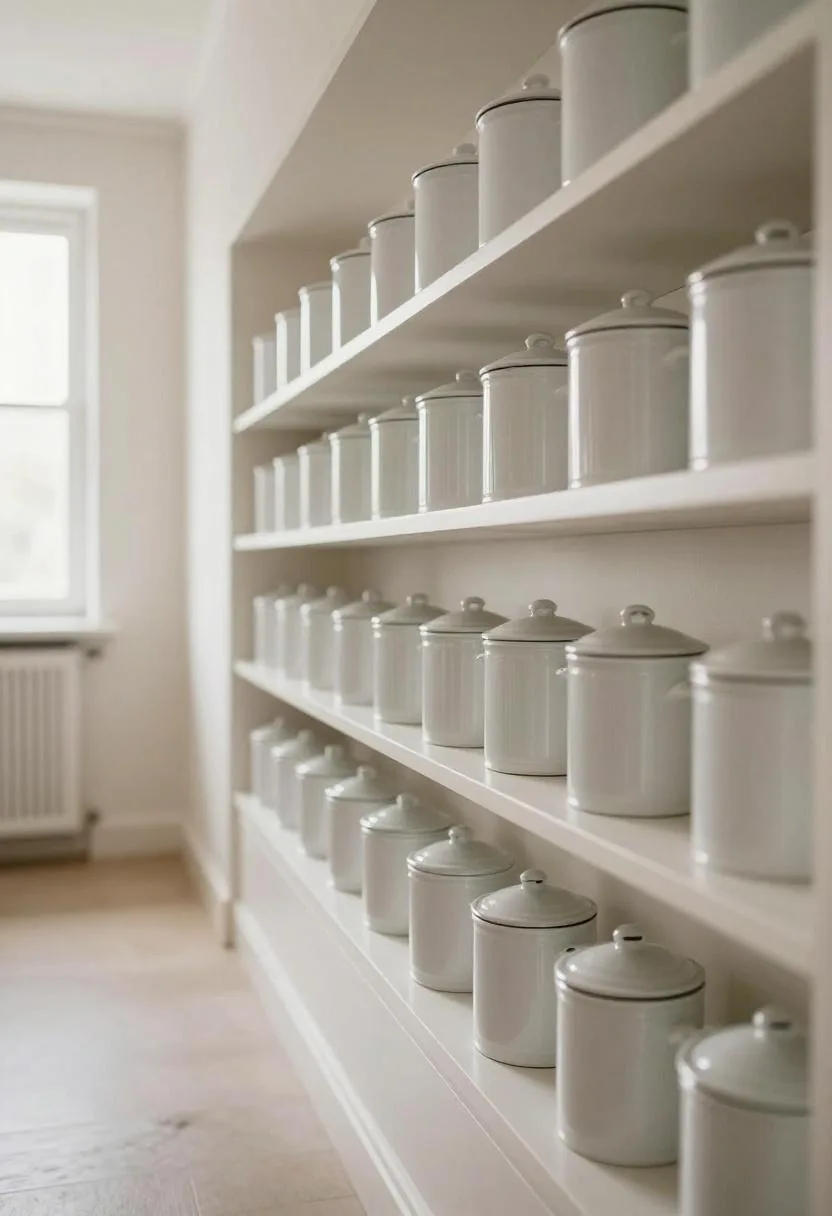 Galley pantry with a full-length shelf of matching porcelain canisters and a clear open walking path down the center