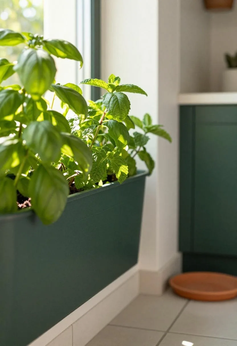 Forest green galvanized herb wall with fresh basil and mint on a sun-lit apartment balcony