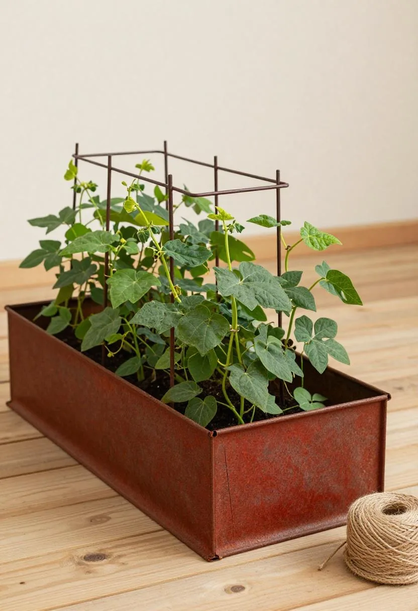 Galvanized steel raised bed with climbing bean vines on a trellis built on a sunny wooden deck