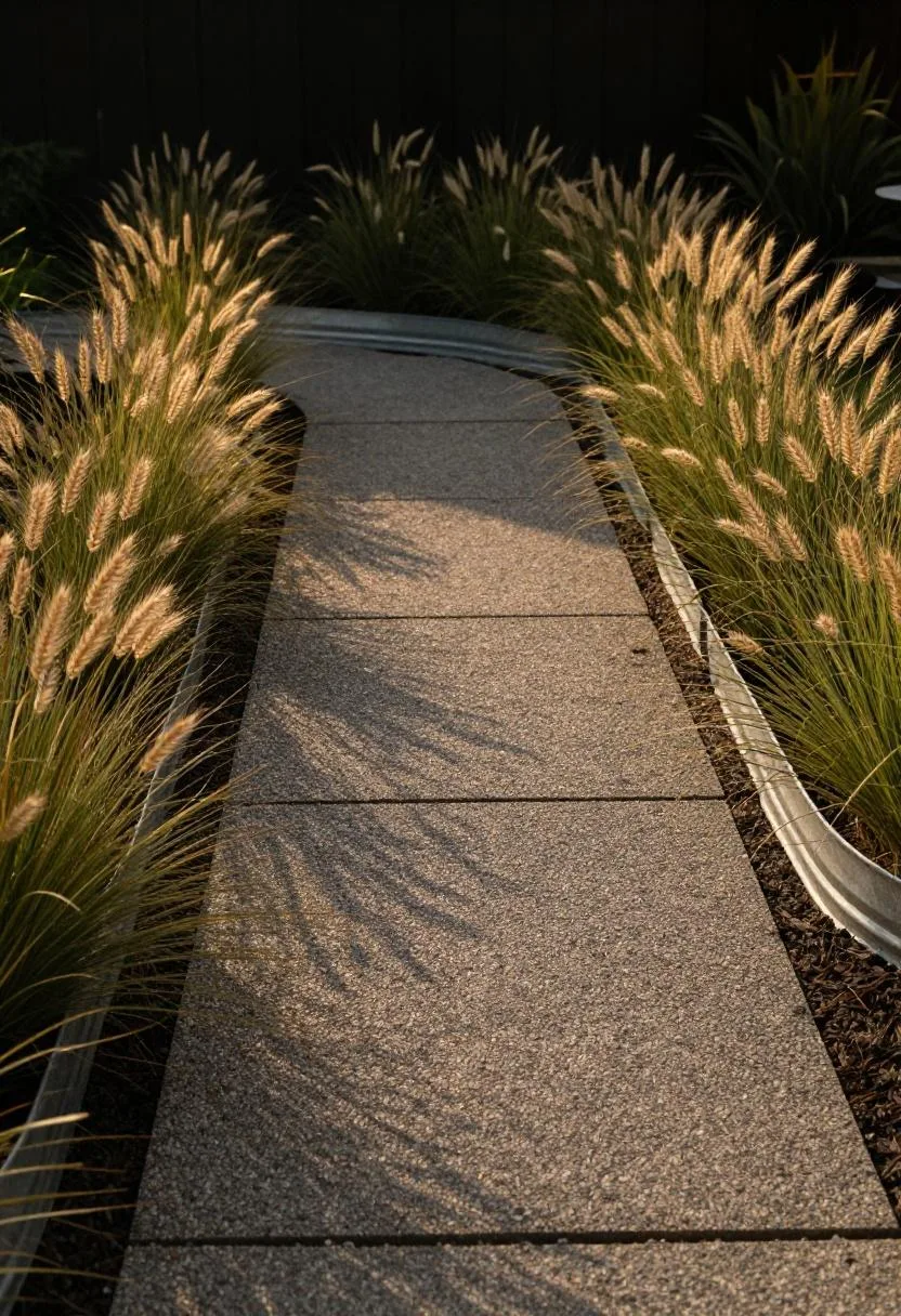 Galvanized-steel-edged fountain grass bed in pale wheat bordering a prairie-style decomposed granite path at golden hour