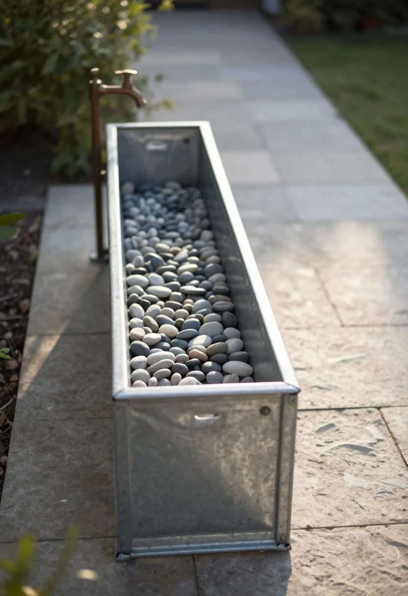 Galvanized metal water play trough with copper spigot set beside a stone patio garden path
