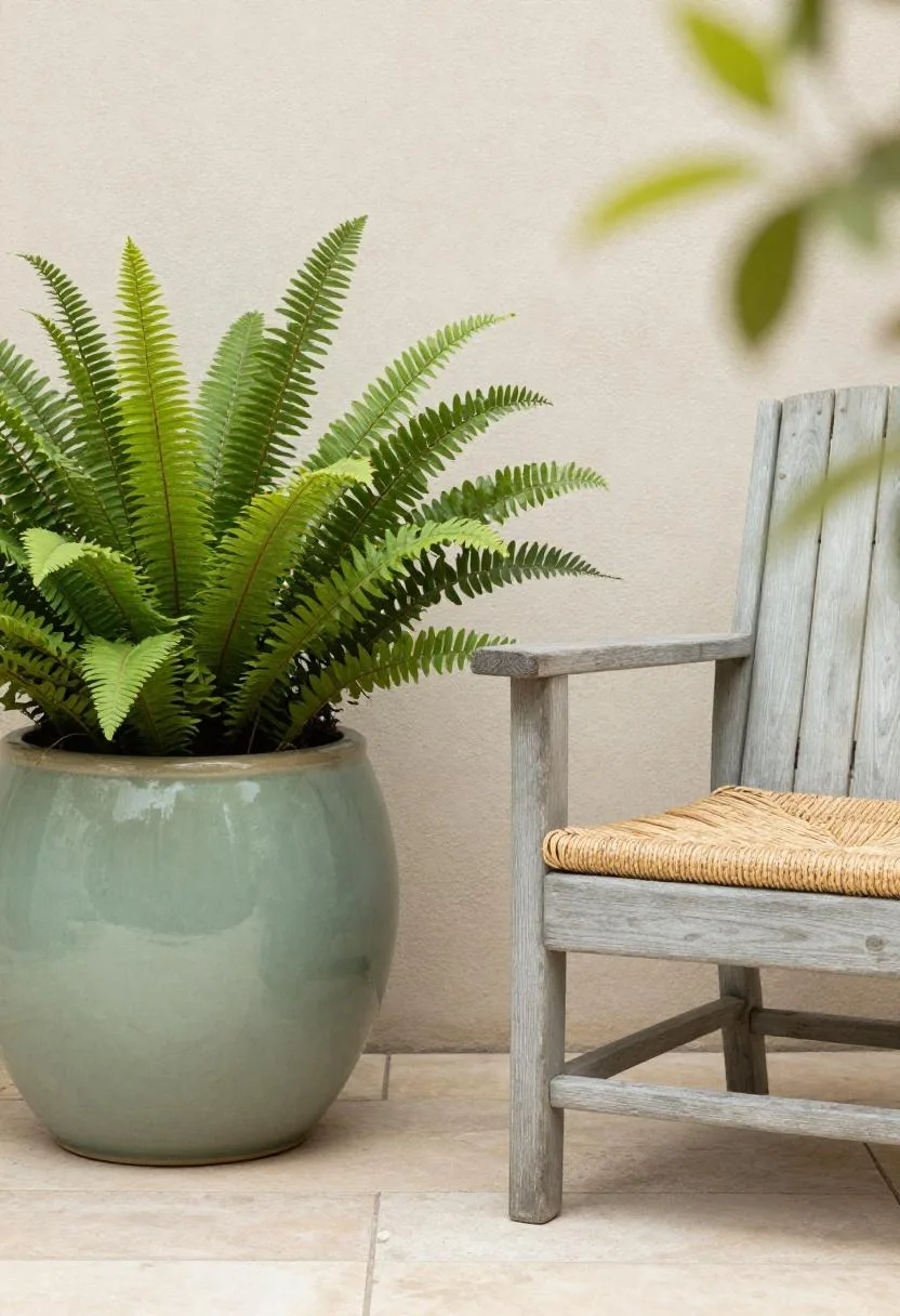 Garden patio corner with sage green ceramic fern planter beside a weathered teak chair and seagrass cushion