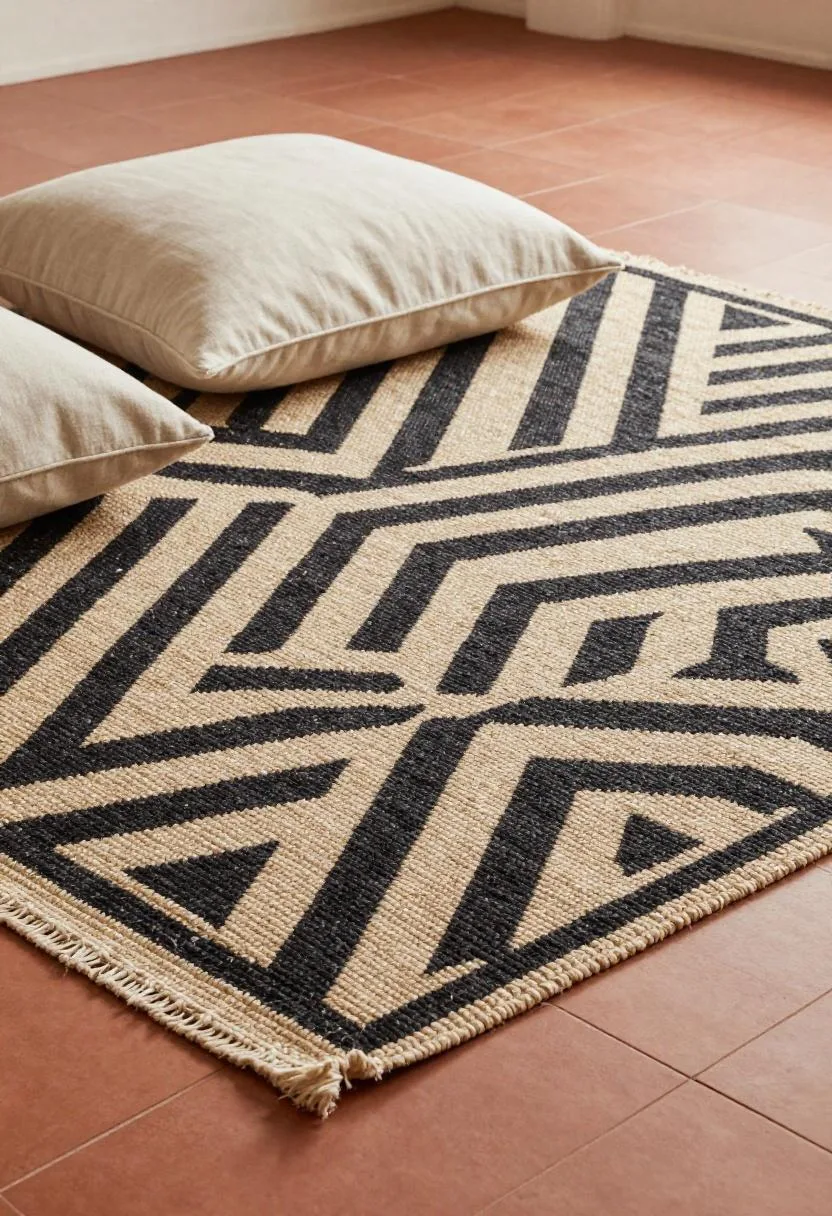Bold geometric jute rug layered over terracotta tile with linen floor cushions arranged around it