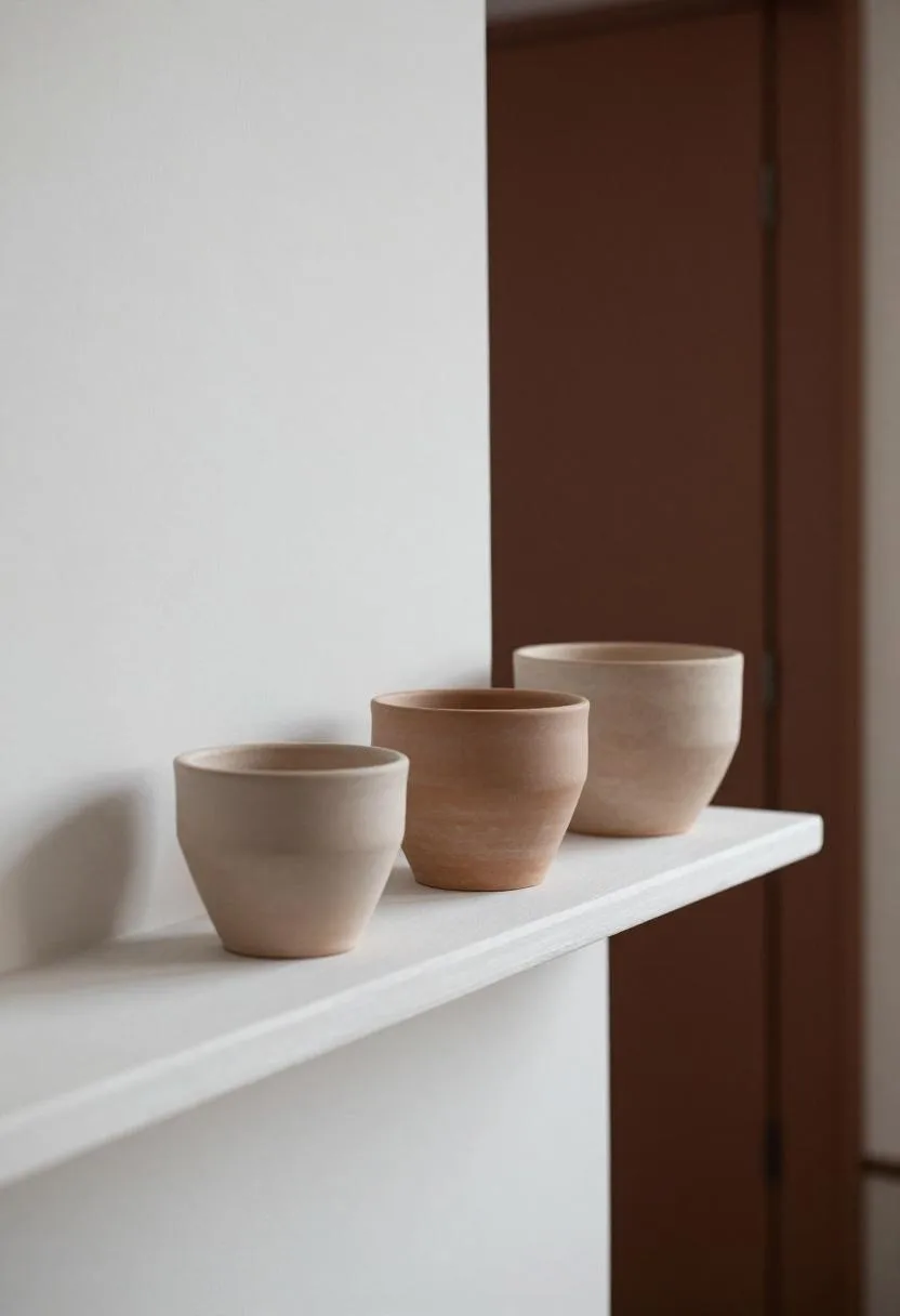 Graduated terracotta pots arranged on a whitewashed shelf against a deep espresso brown wall