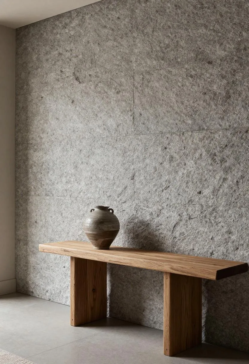 Stone gray granite accent wall with reclaimed oak console table and a ceramic vase