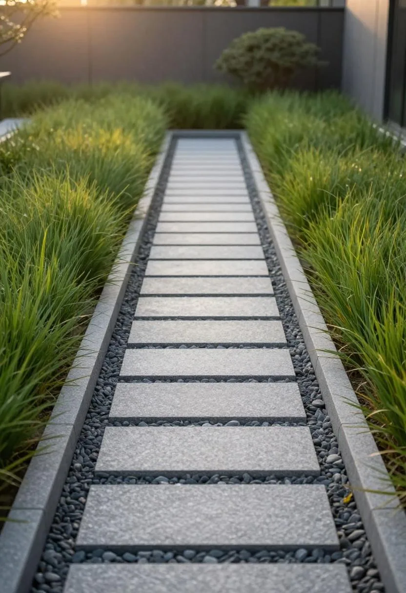 Granite-bordered ornamental grass beds in medium green flanking a clear slate stepping stone path at a home entry