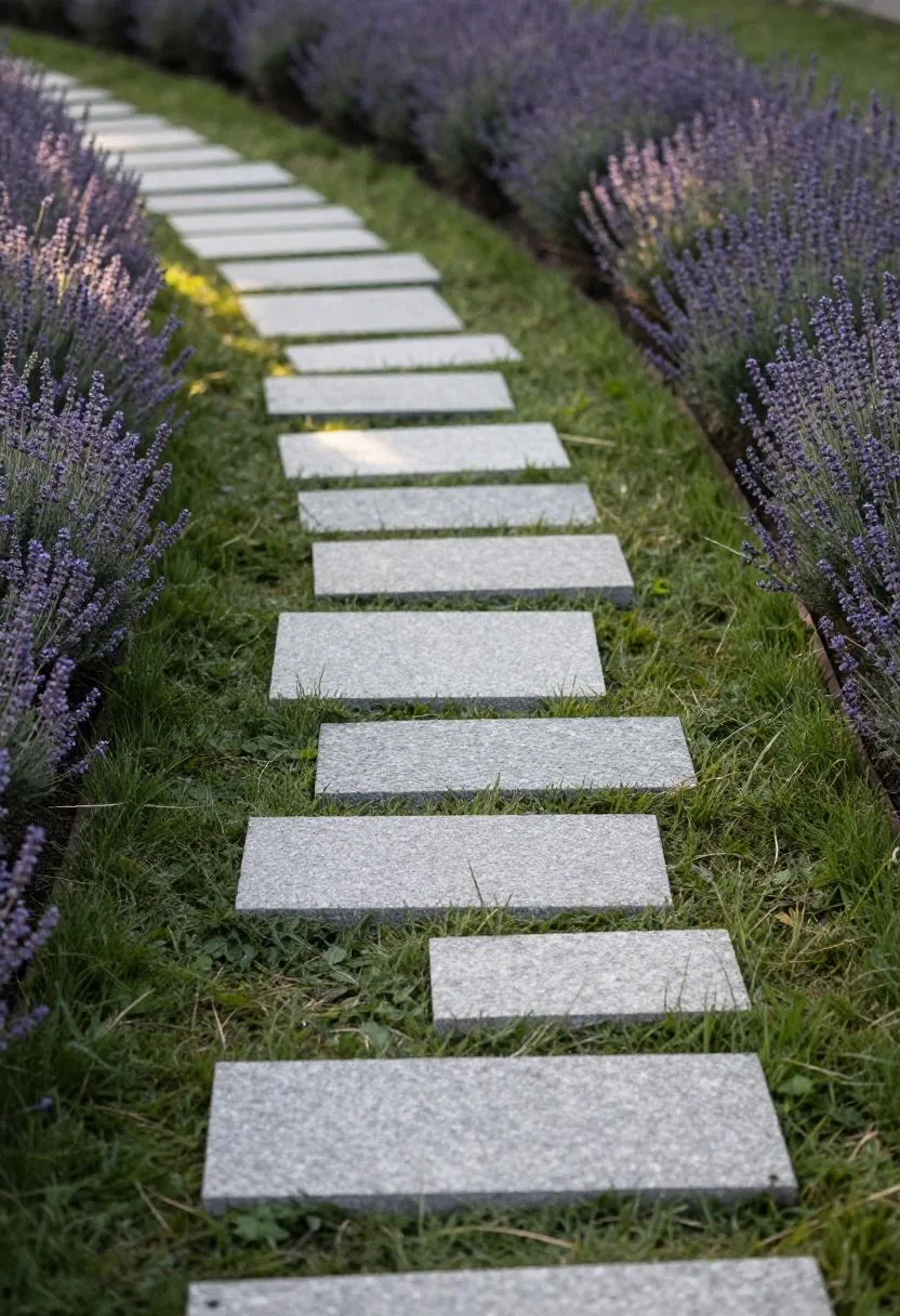 Reclaimed granite sensory stepping stones set flush in lawn between lavender and ornamental thyme