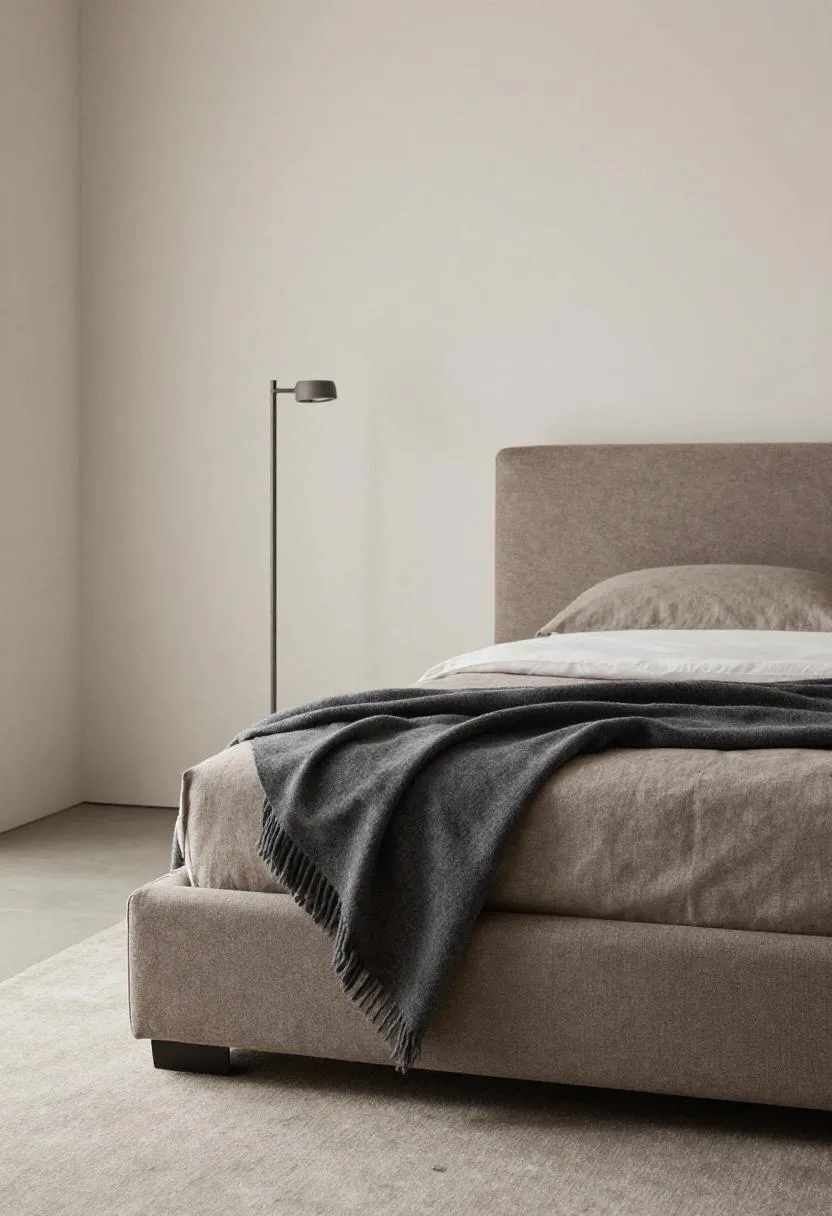Upholstered gray-brown linen bed frame with folded charcoal wool throw in soft overcast light