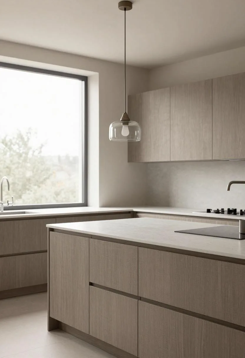 Warm gray linen-textured kitchen cabinets with white quartz counter and a smoked glass pendant light