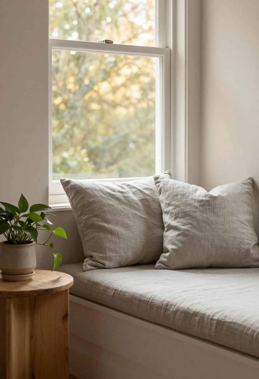 Gray linen window seat beside an oak side table with a potted trailing pothos in natural light