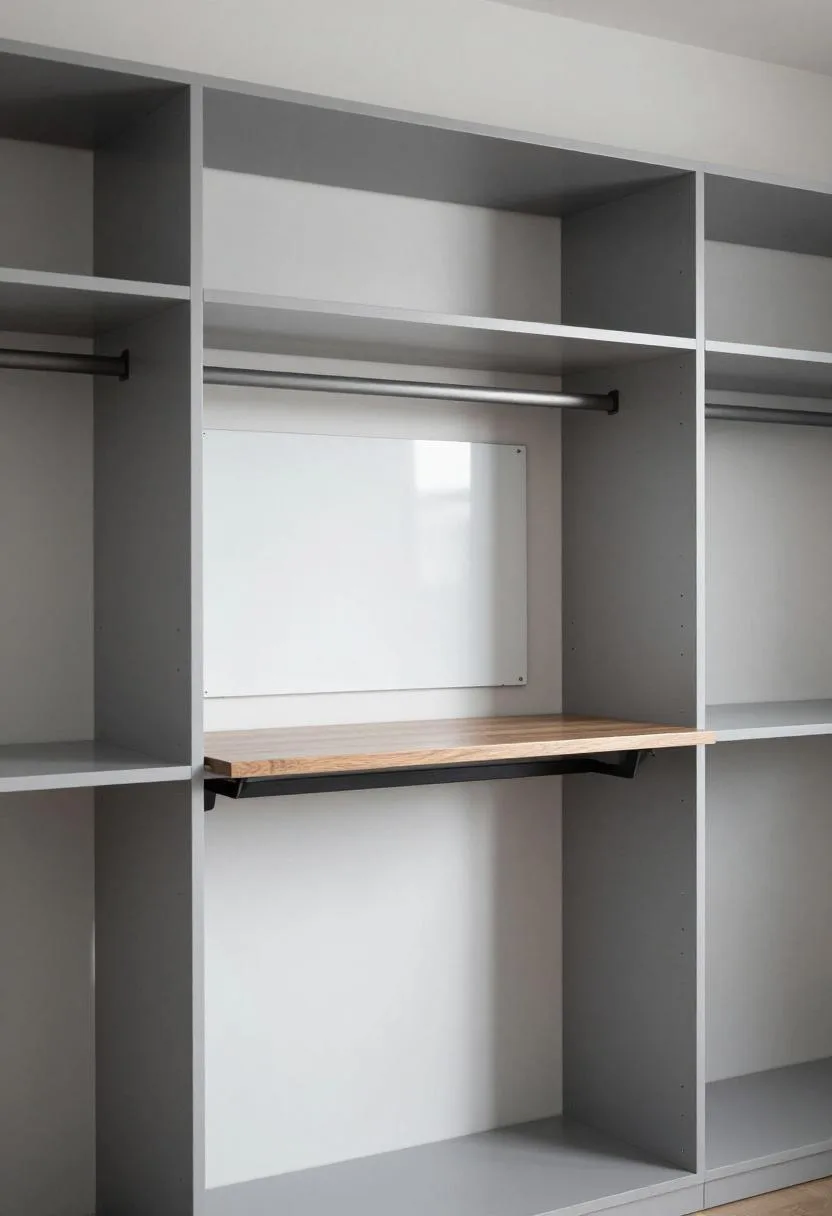 Gray MDF closet office with standing-height desk and full whiteboard back panel for notes and planning