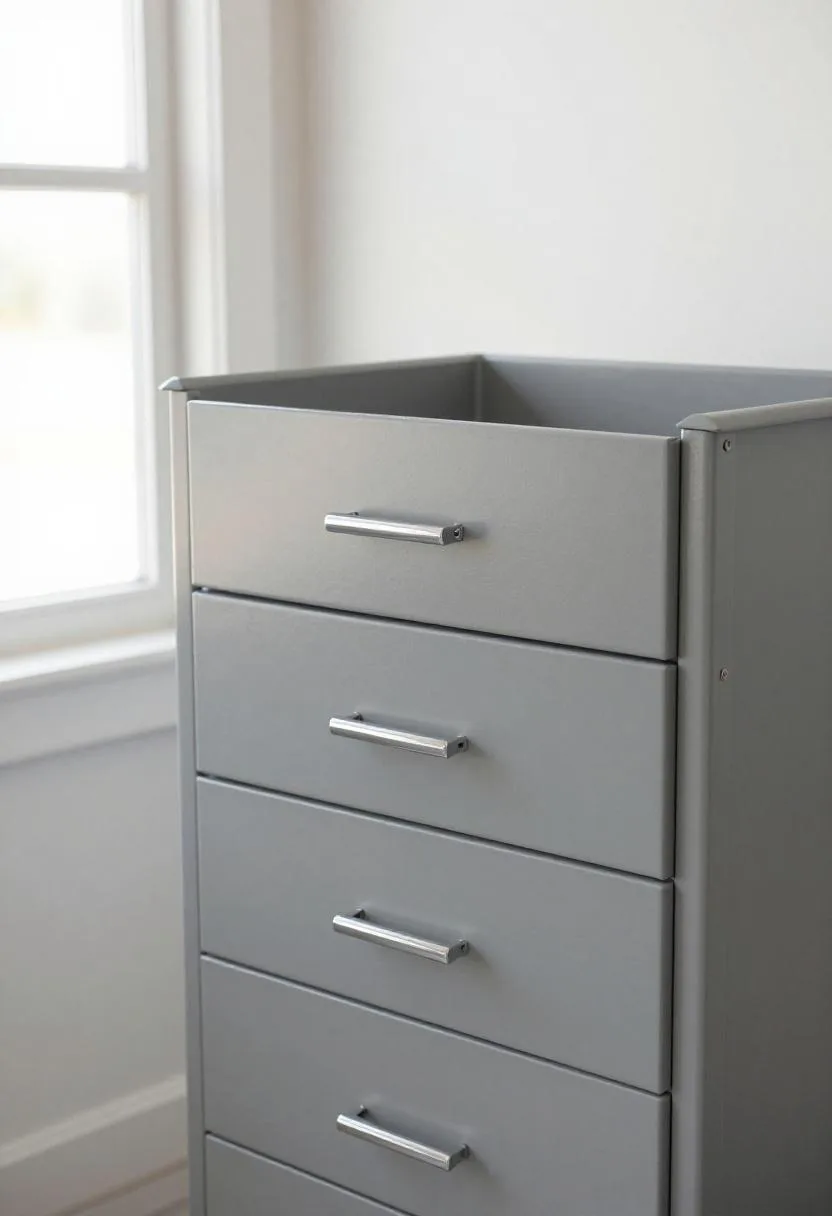 Gray rolling steel tool cart with chrome handles parked neatly against a white garage wall
