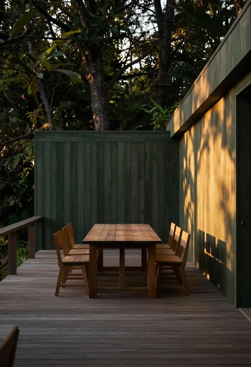 Dark green slatted cedar panels framing a teak dining deck in golden hour light with stylish privacy