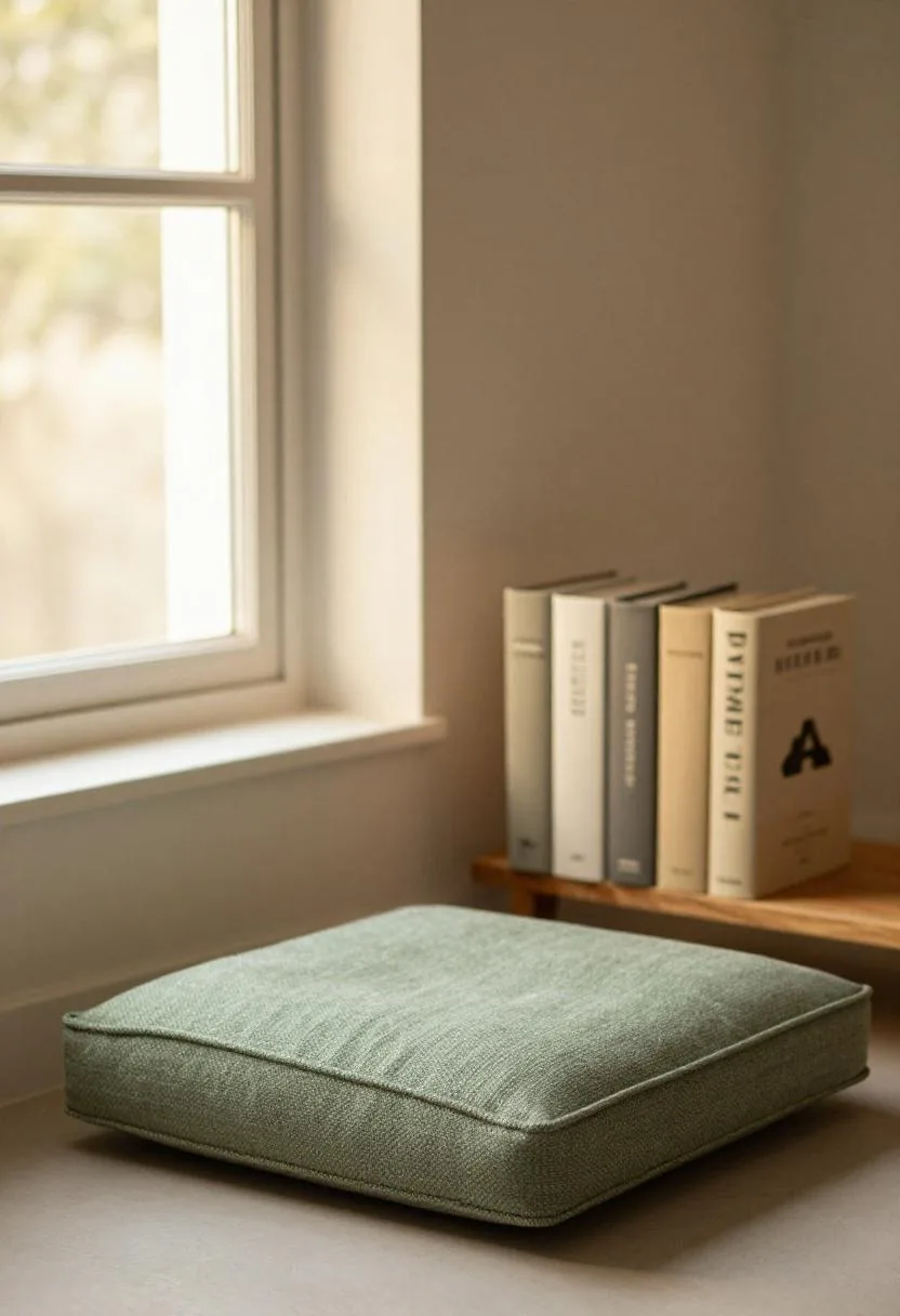 Muted green floor cushion beside a low maple bookshelf in a sunlit corner with Japandi styling