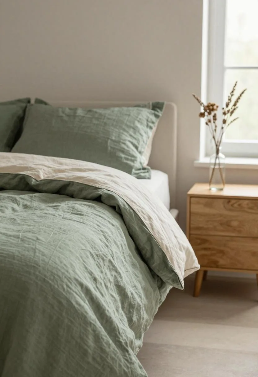 Green linen bed with sage vintage quilt and single wildflower stem in a small vase in afternoon light