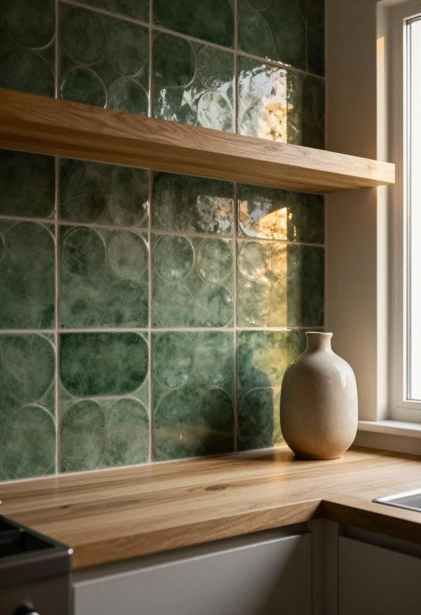 Dark green penny round tile backsplash with oak shelf and ceramic vase in a cozy kitchen nook